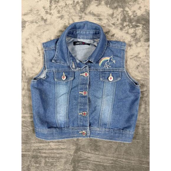 Limited Too Kids Denim Vest Rainbow Unicorn Embroidered Size 10 Cotton Blend - Picture 1 of 9